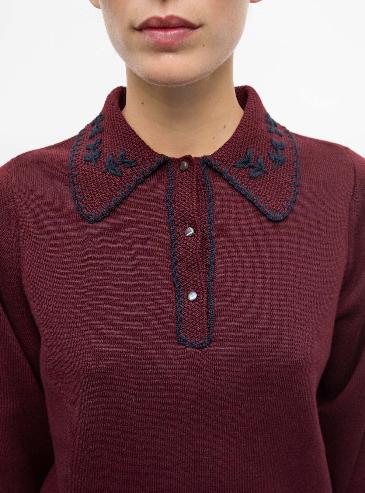 Molli Amour amaranth and midnight hand-embroidered knit polo shirt, fourth view