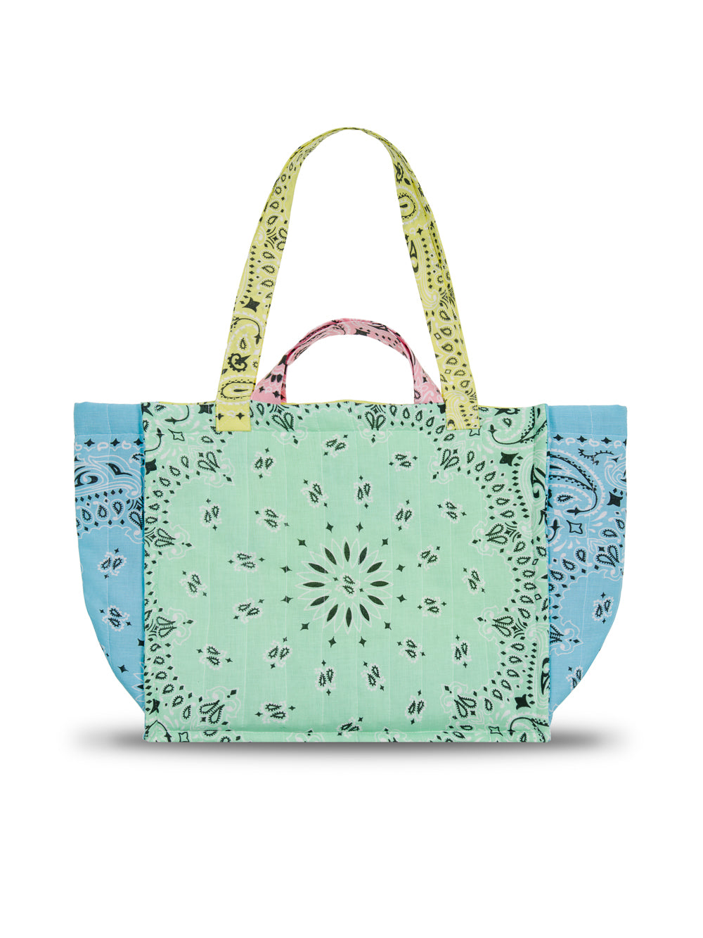 Blue, mint, yellow and pink colorblock medium bandana tote bag, 2 handles, 2 shoulder straps, lightweight, great for travel, gym bag, diaper bag, moms, by call it by your name, back view