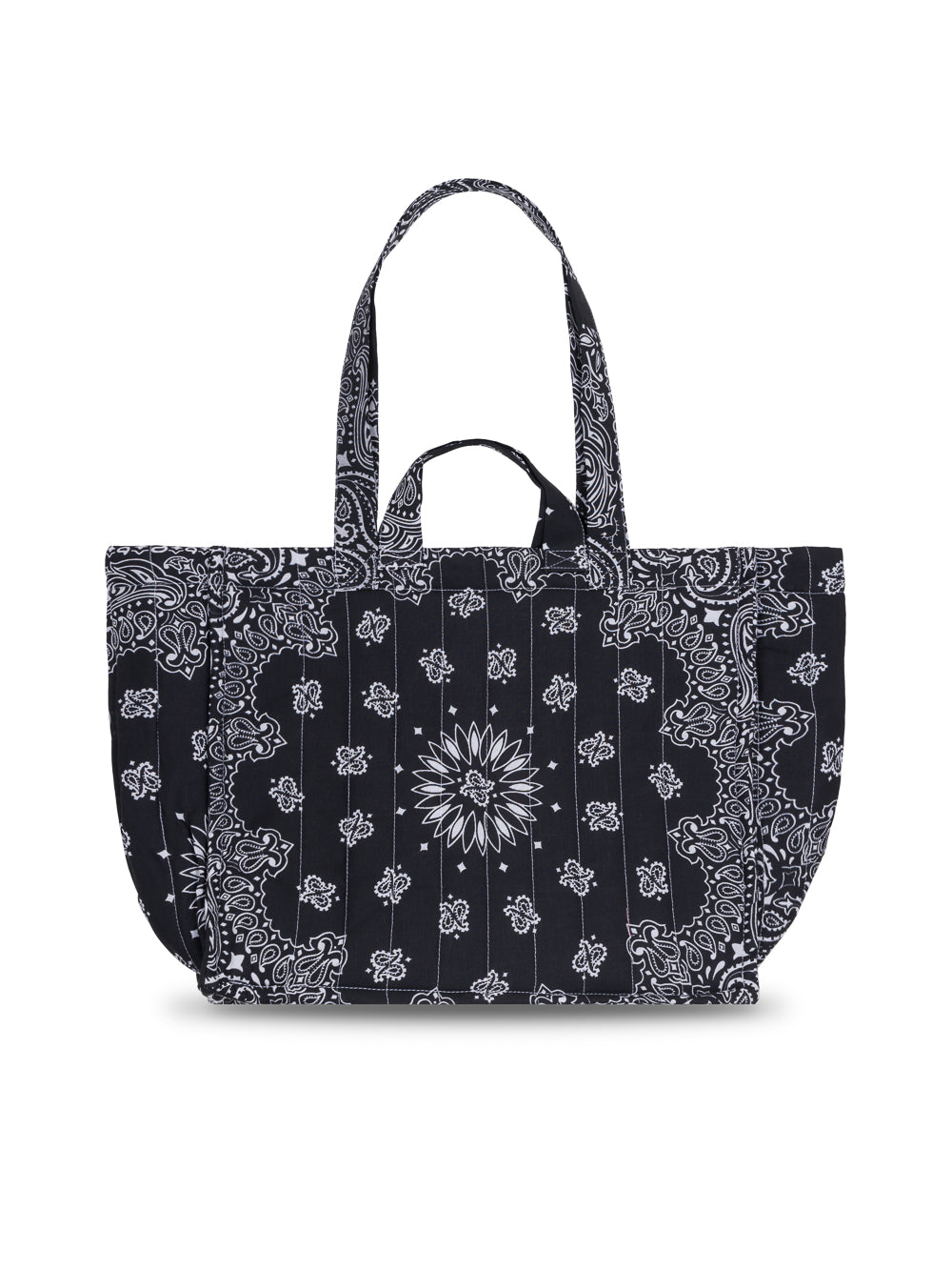 Black bandana medium quilted tote bag with red embroidered hearts, 2 handles, 2 shoulder straps, lightweight, great for gym, travel, school, college, beach, diaper bag, by call it by your name, back image