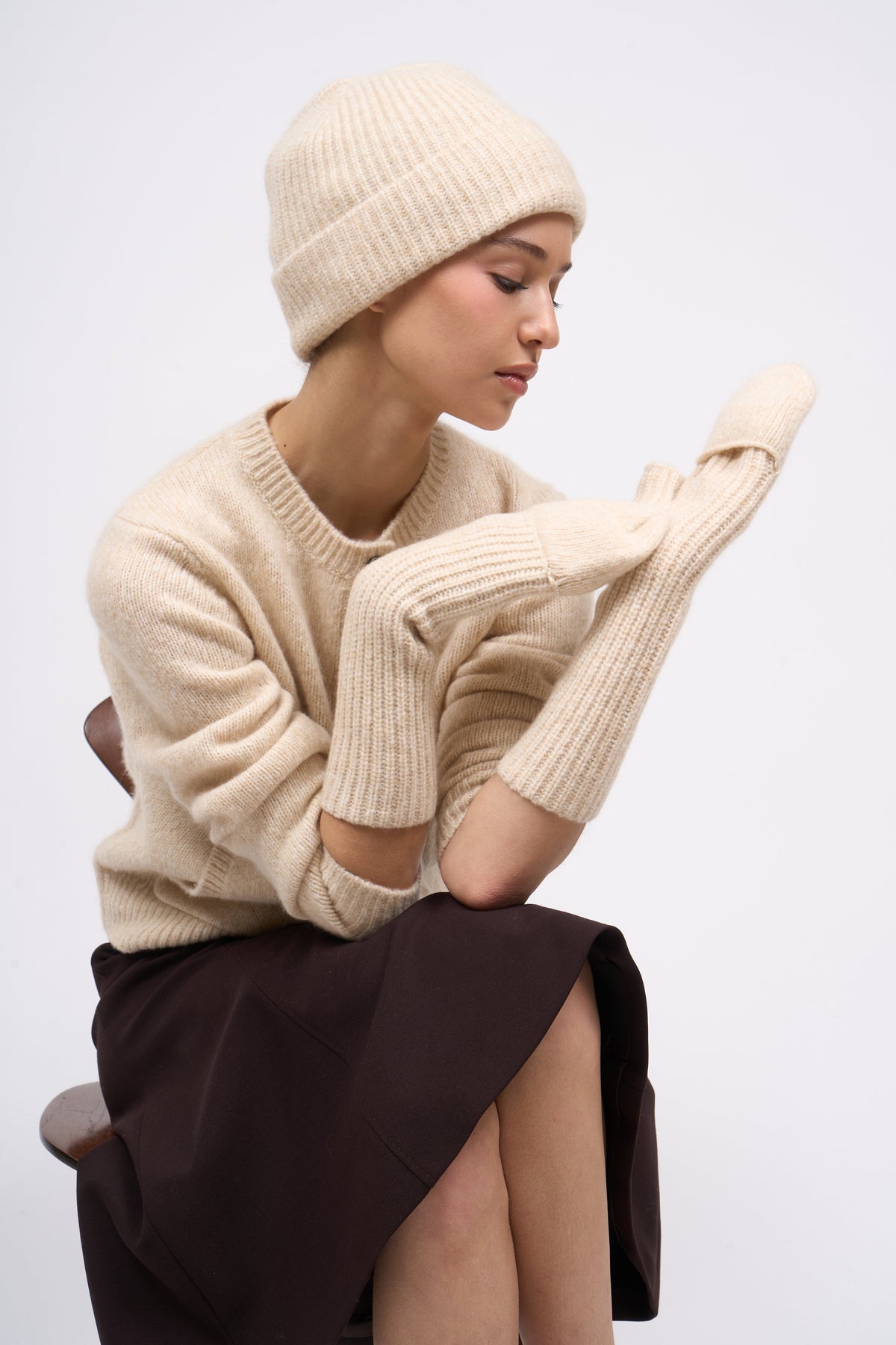 Paul & Joe Breton off-white beanie styled with a cream knit sweater