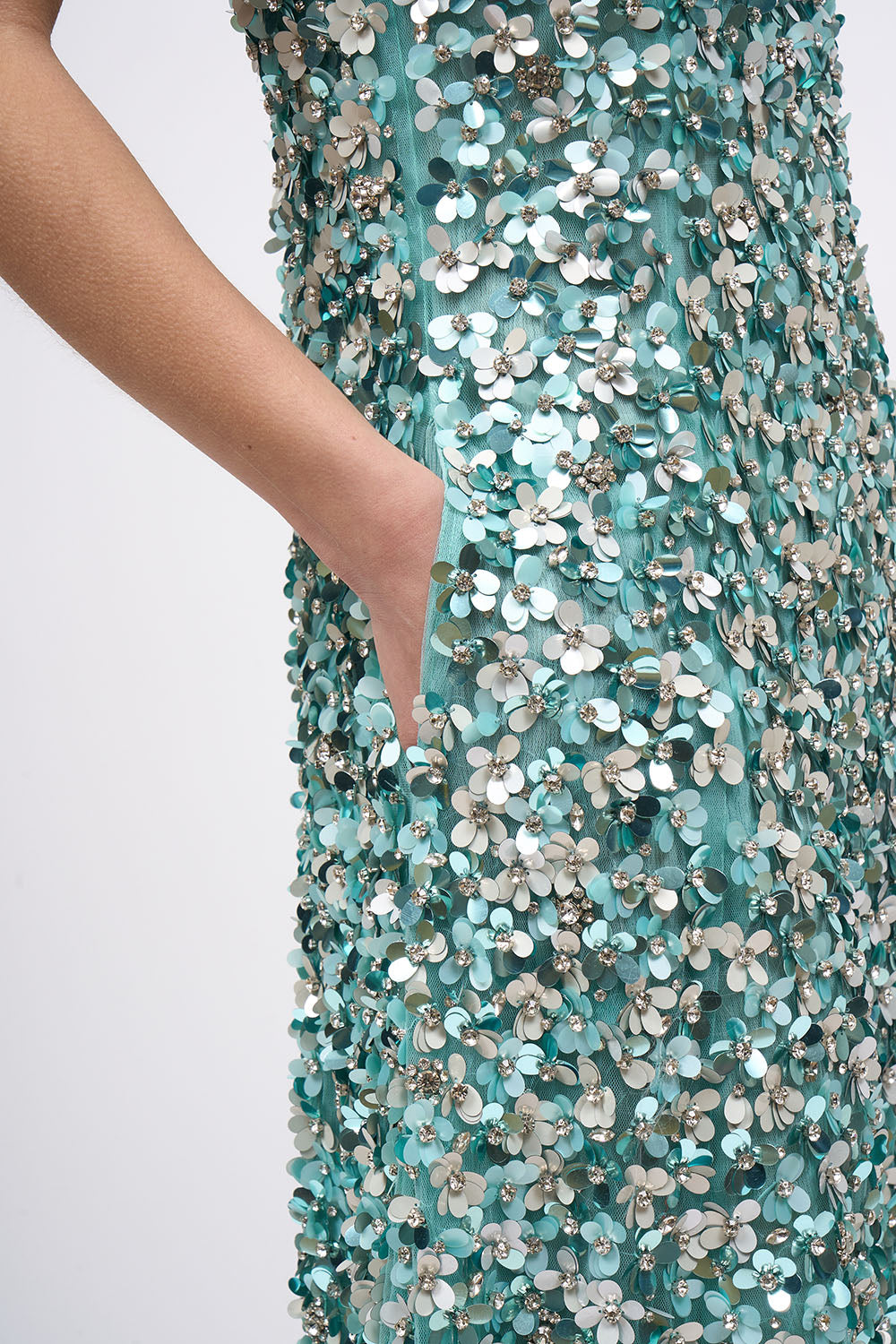 Detail of the hand embroidery on the Paul & Joe Ondyne opal green dress