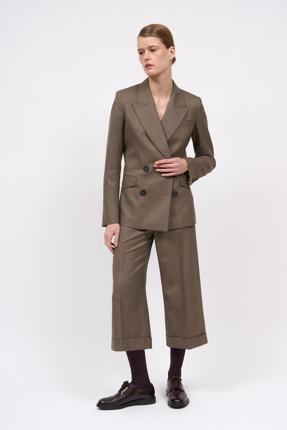 Paul & Joe Eva houndstooth trousers styled with a matching houndstooth jacket, full-length view