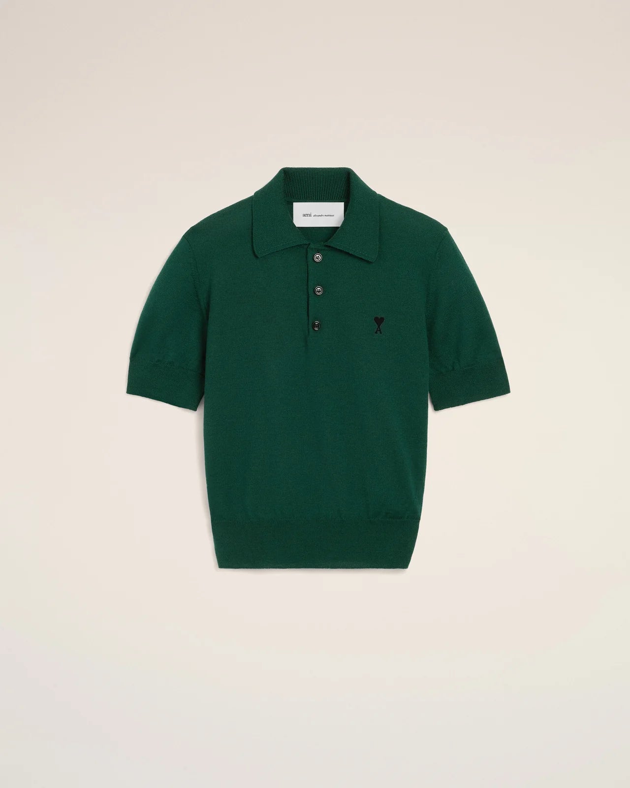 Ami Green Wool Short Sleeve Polo with Ami de Coeur
