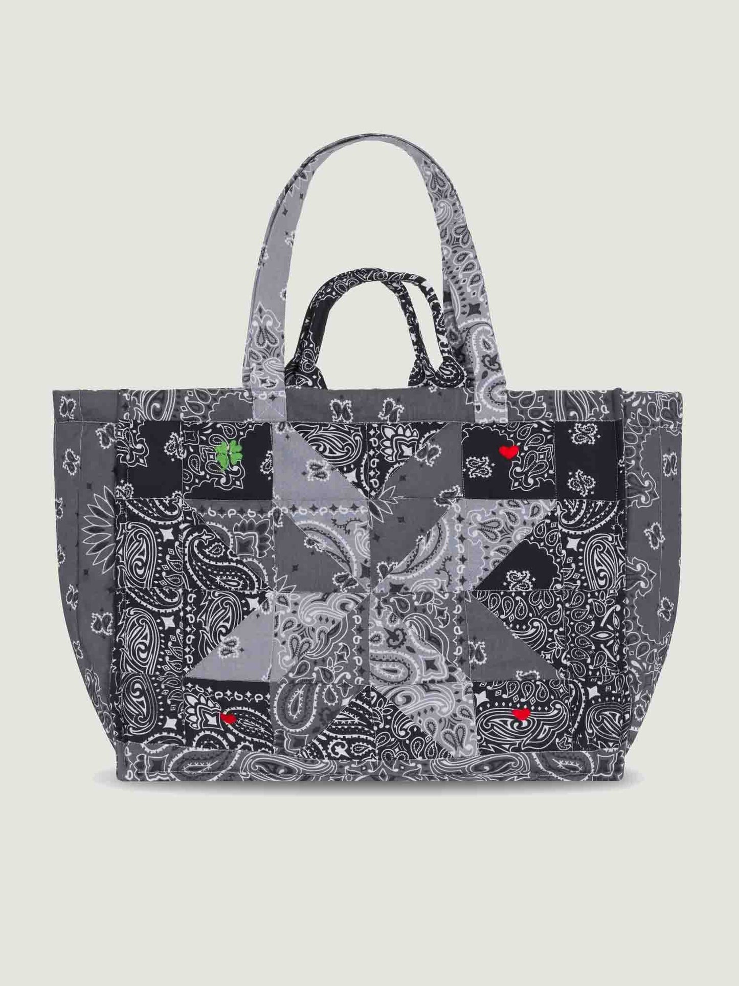 Black and Gray bandana maxi tote bag with patchwork design, with 2 handles and shoulder straps, great for travel, lightweight, by Call it by your name