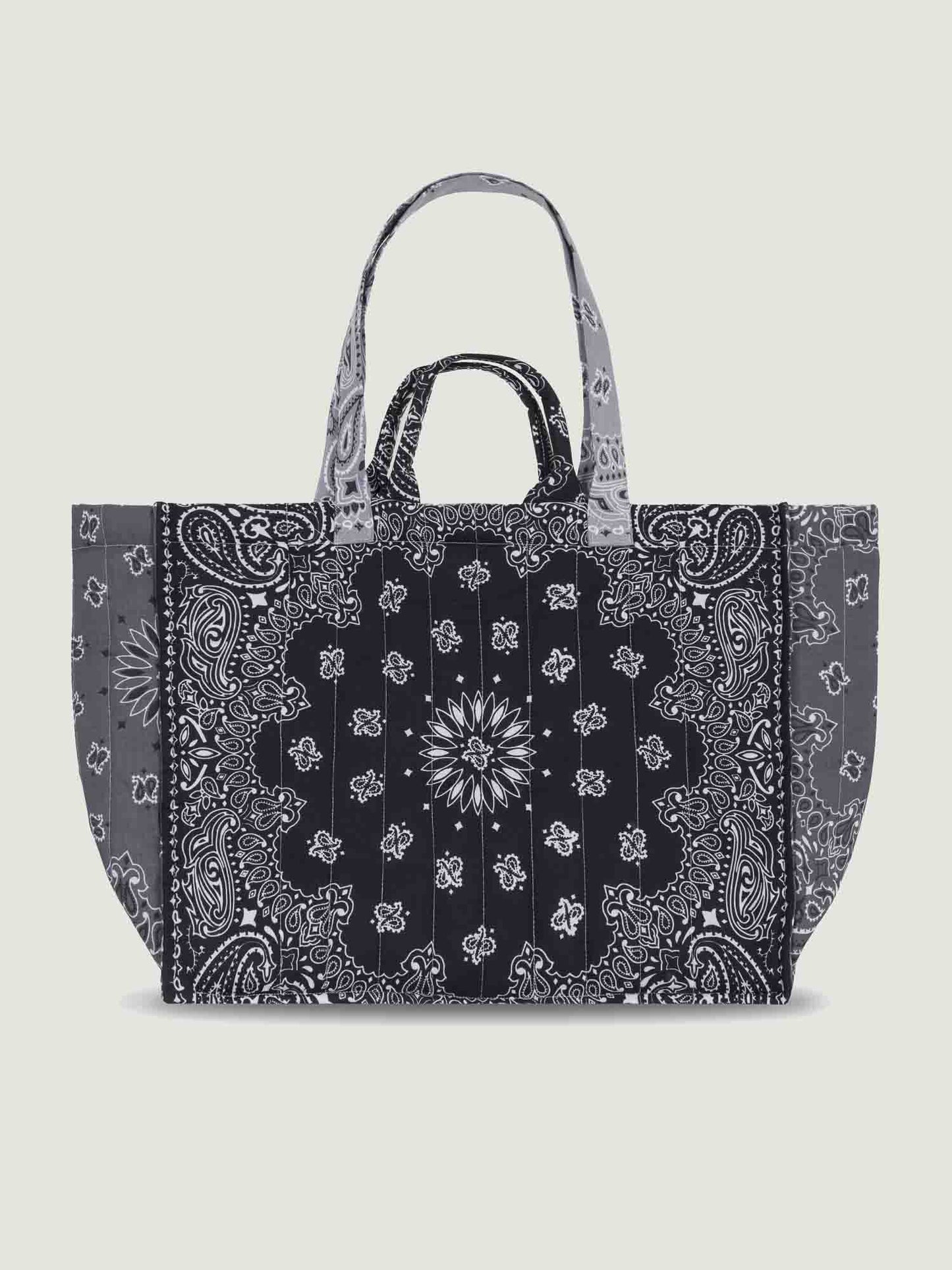 Black and Gray bandana maxi tote bag with patchwork design, with 2 handles and shoulder straps, great for travel, lightweight, by Call it by your name, back view