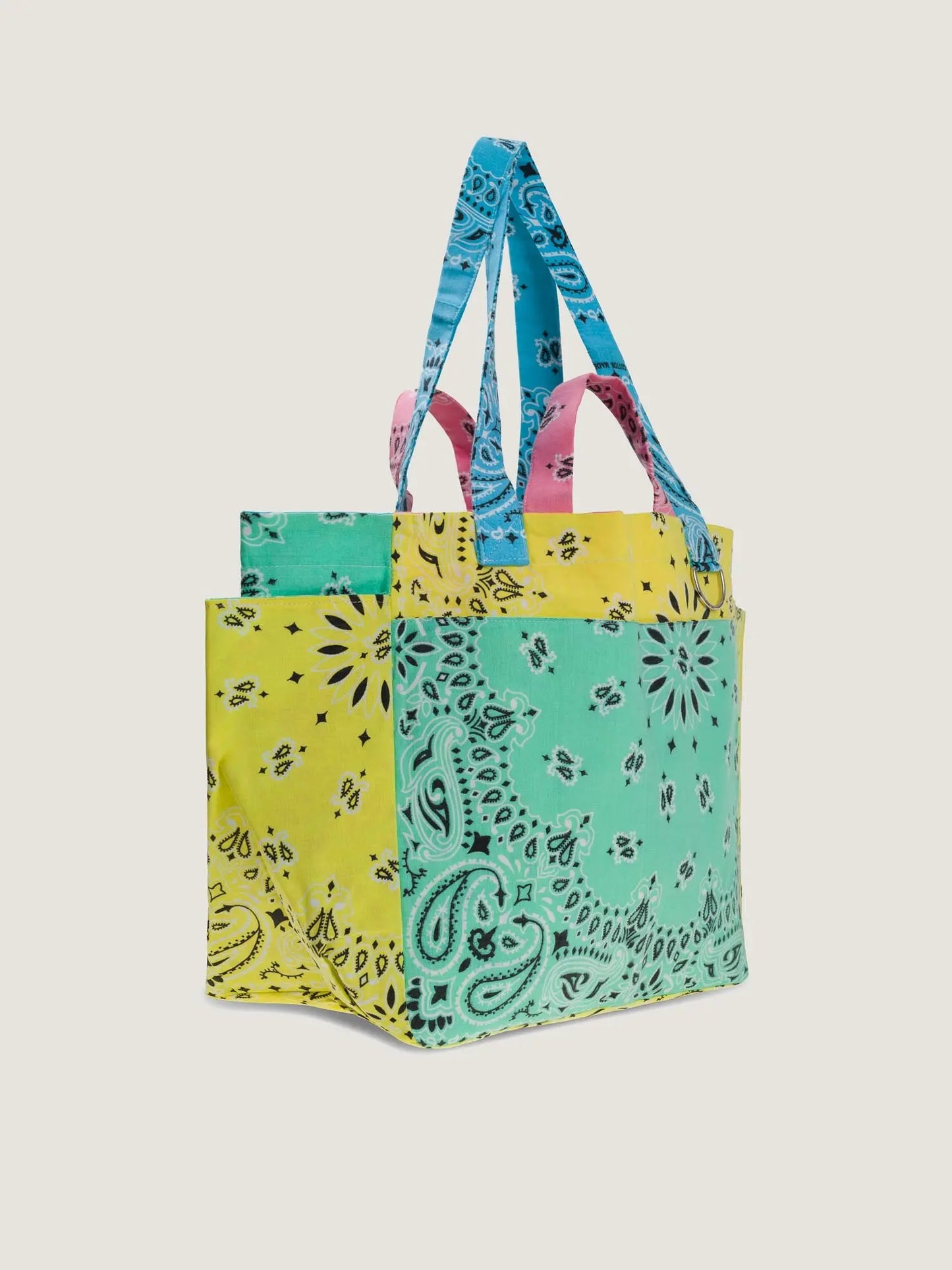 colorblock bandana tote bag with inside and outsede pockets, 2 handles, 2 shoulder straps, from brand Call it by your name, side view
