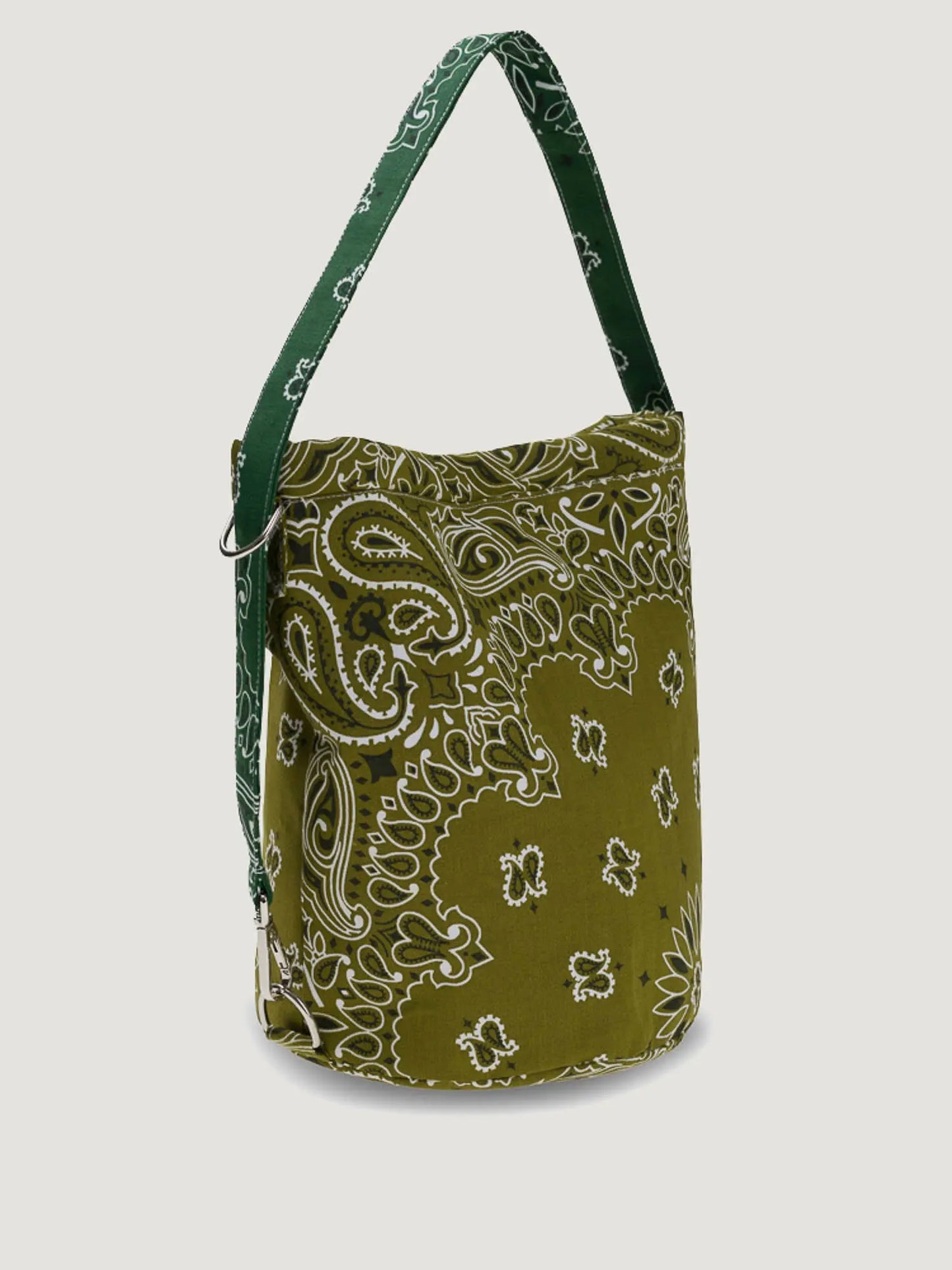 Green bandana bucket bag with adjustable strap by brand Call it by your name, side view