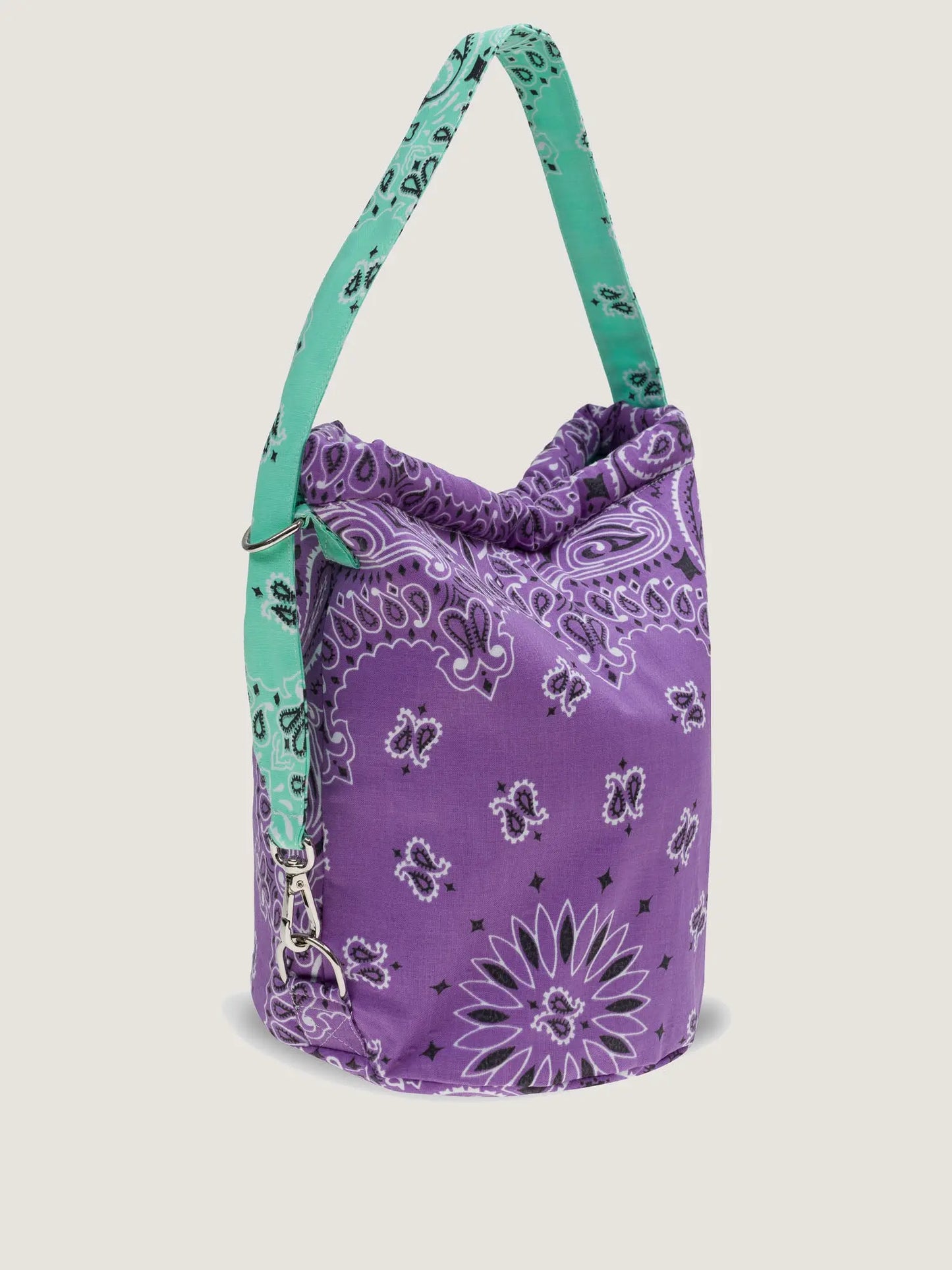 Purple and mint bandana bucket bag with adjustable strap, by brand Call it by your name, side view