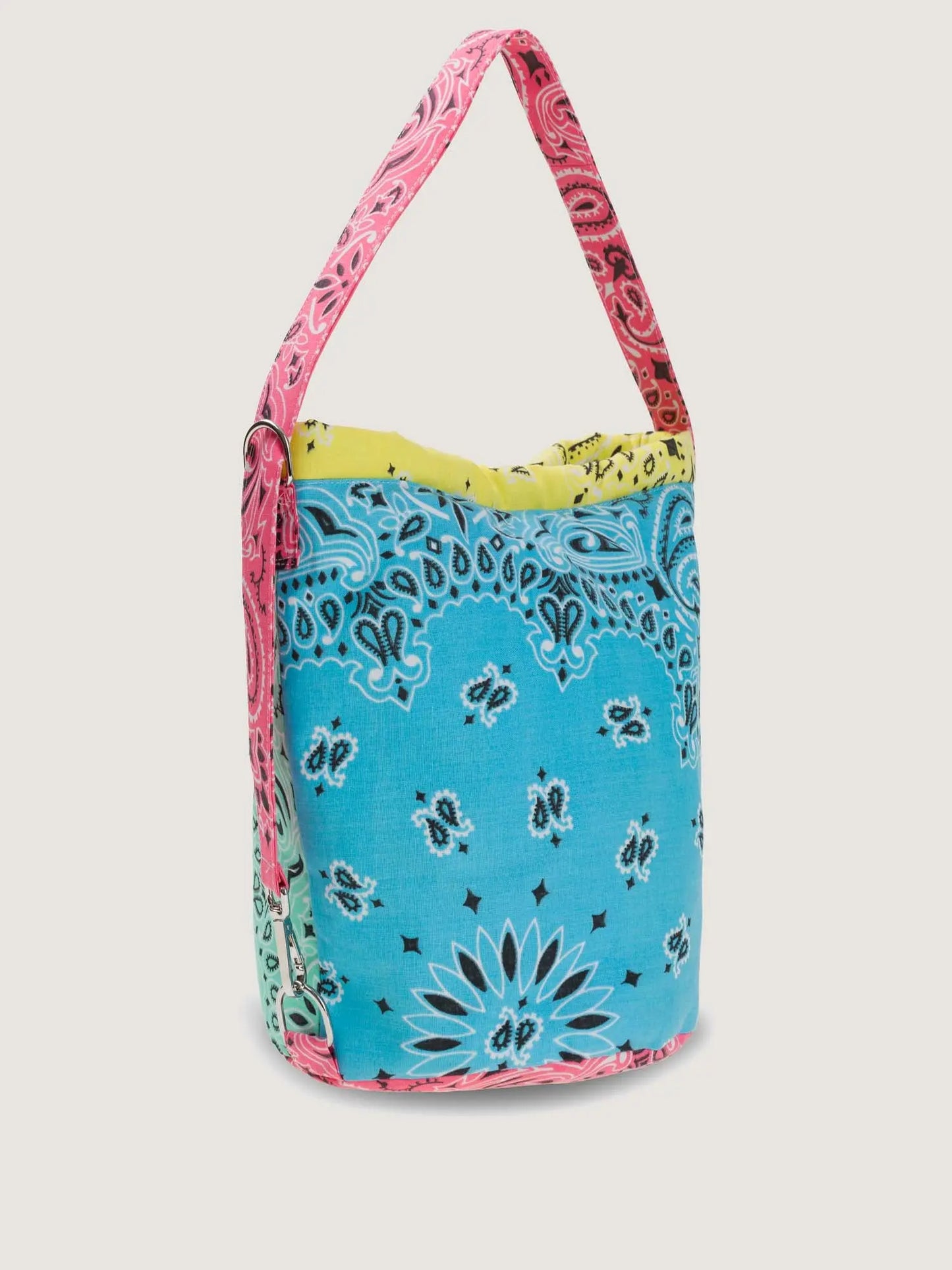 Pale blue Colorblock bandana bucket bag, adjustable strap, by brand Call it by your name, side view