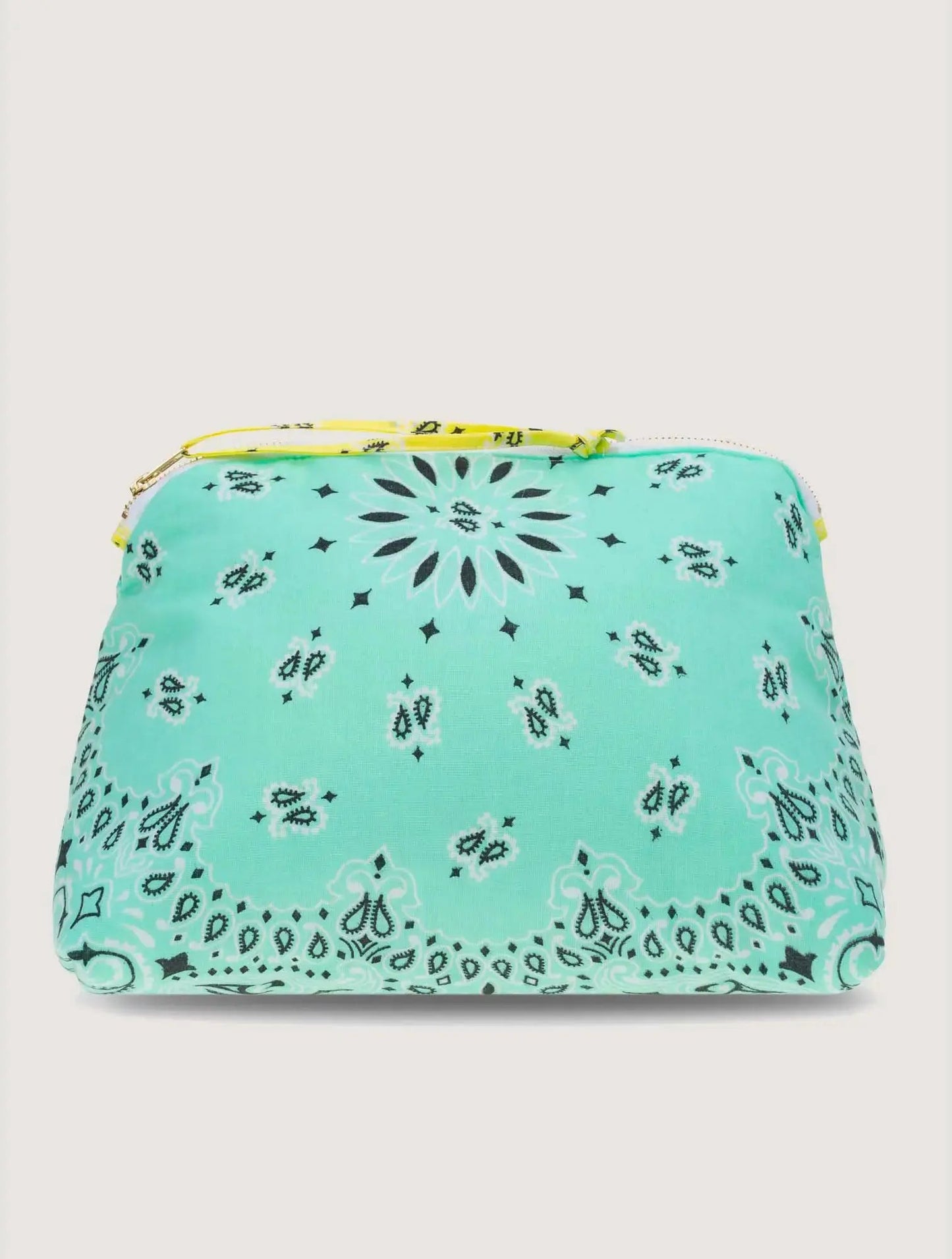 mint teal and yellow bandana toiletry case for makeup by call it by your name with a rainbow embroidery, back view