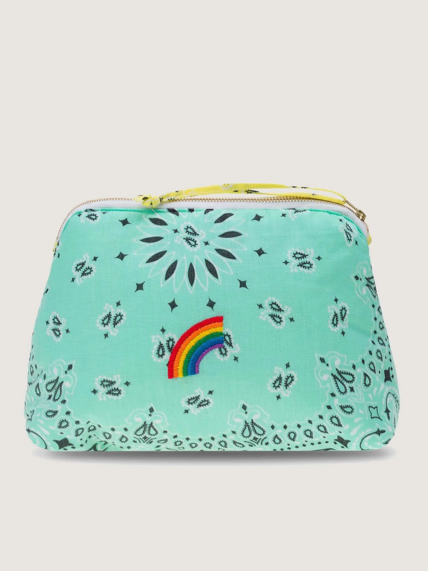 mint teal and yellow bandana toiletry case for makeup by call it by your name with a rainbow embroidery