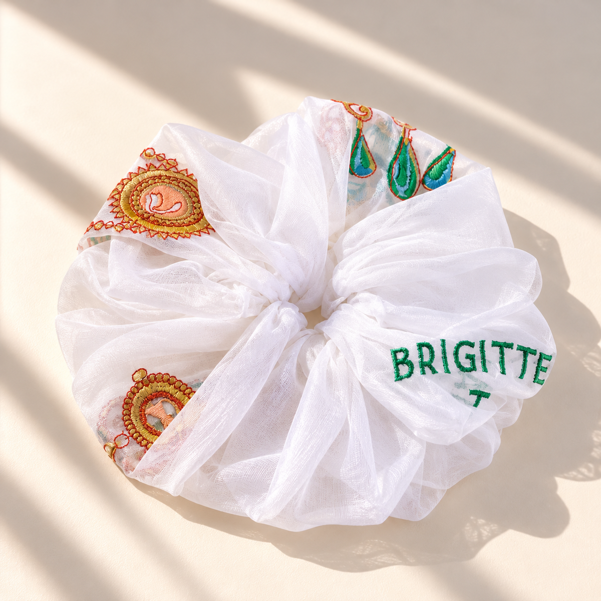 Brigitte Tanaka Chouchou Bijoux scrunchie in white organza with colorful jewelry embroidery