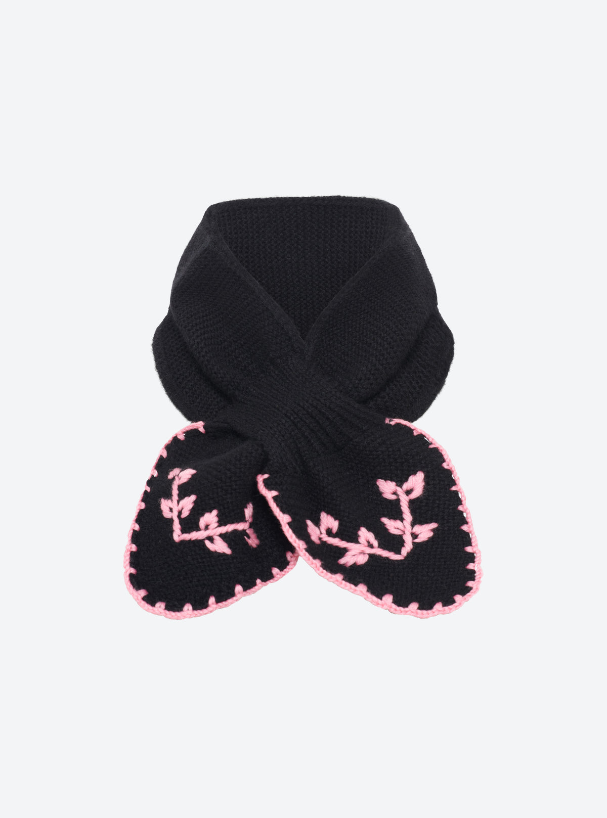 Flat-lay view of the Molli Dolce hand-embroidered mini scarf in deep black with candy pink embroidery