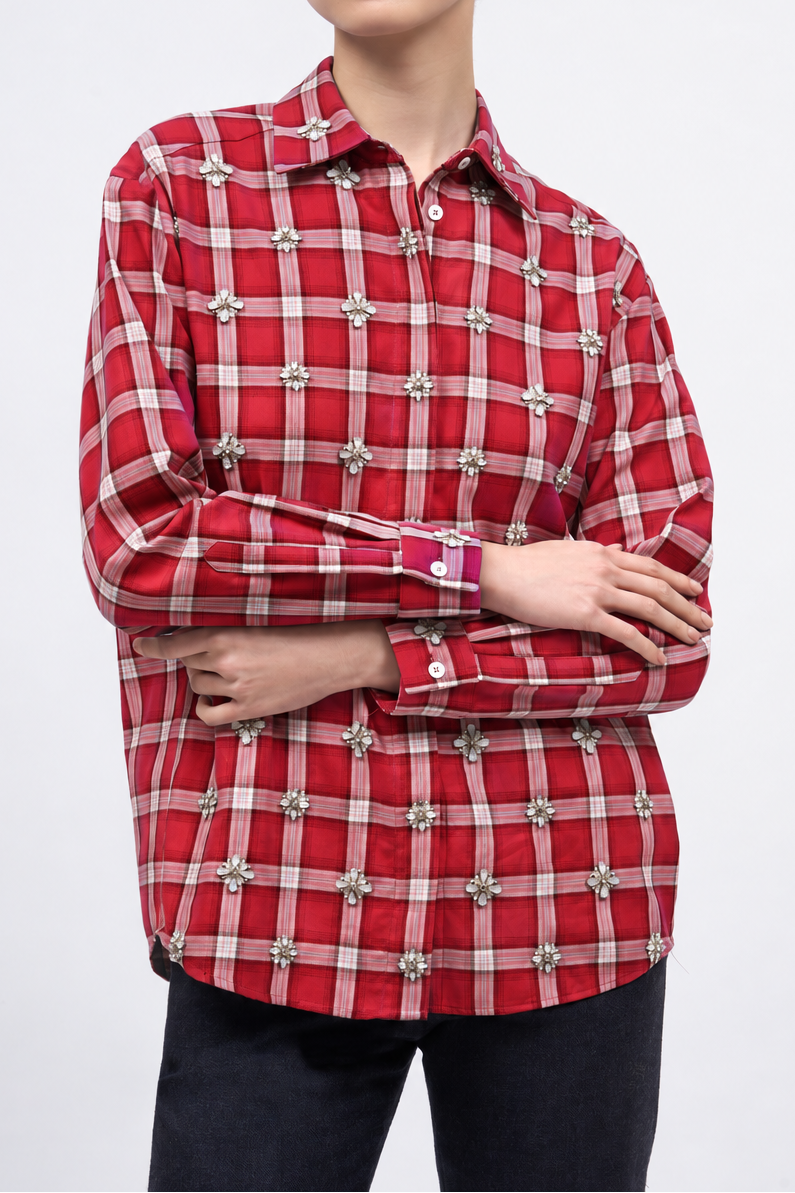 Front view of the Paul & Joe Carat red checked poplin shirt with hand-embroidered motifs