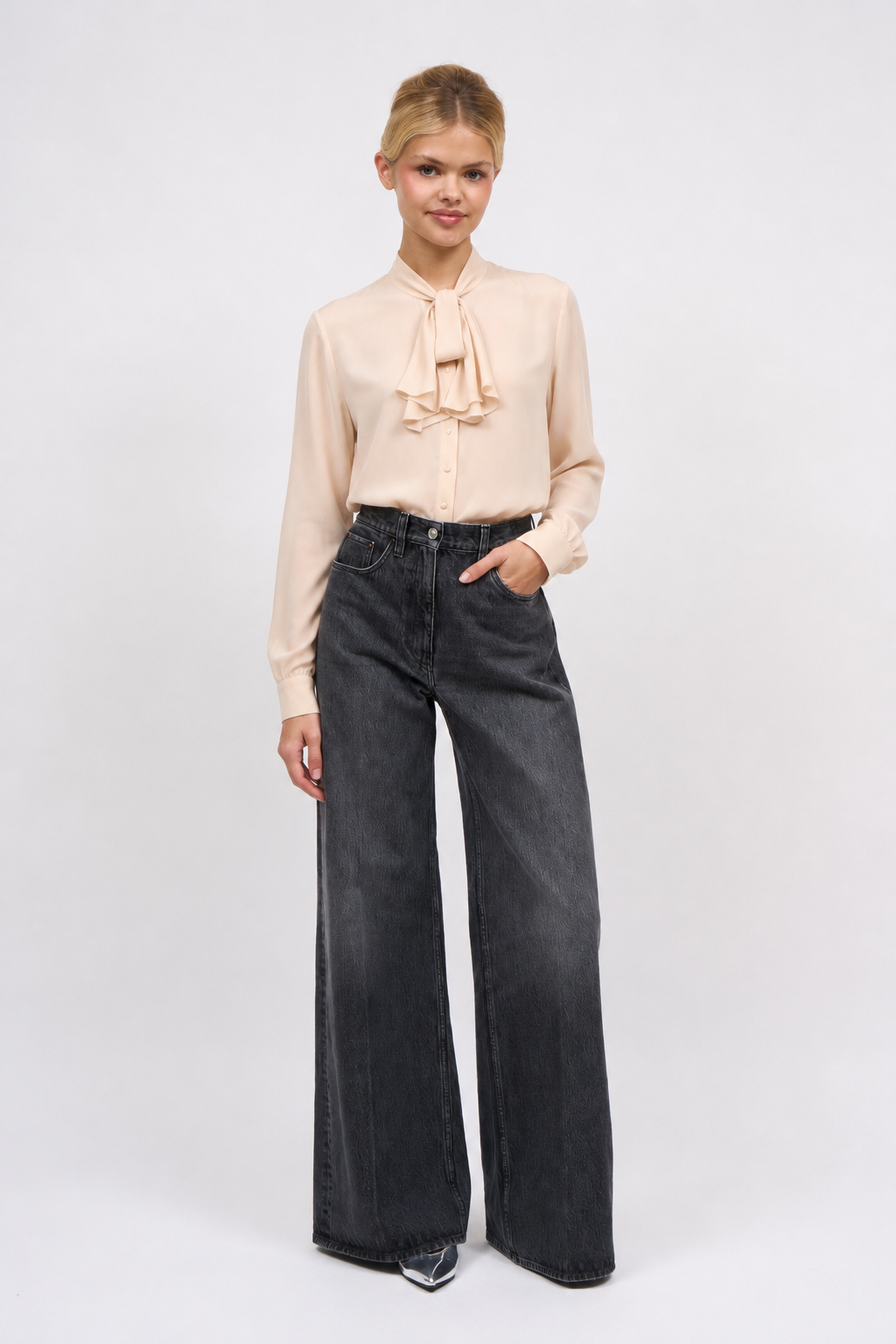 Front view of the Paul & Joe Lucas nude silk crêpe blouse with pussy-bow collar