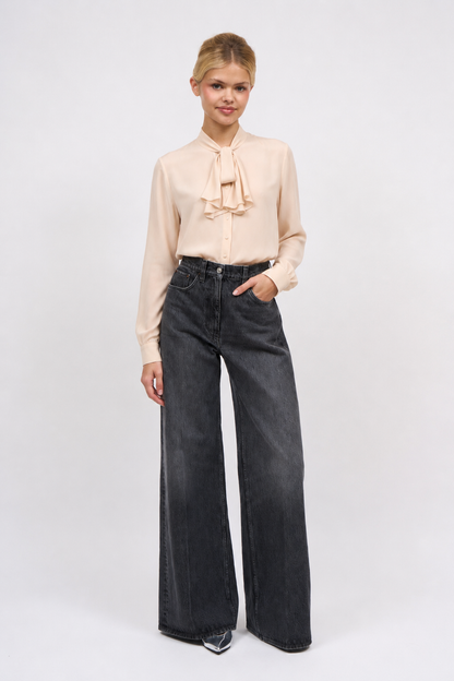 Front view of the Paul & Joe Lucas nude silk crêpe blouse with pussy-bow collar