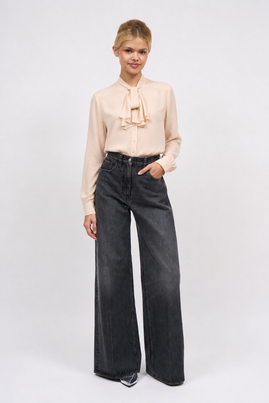 Front view of the Paul & Joe Lucas nude silk crêpe blouse with pussy-bow collar