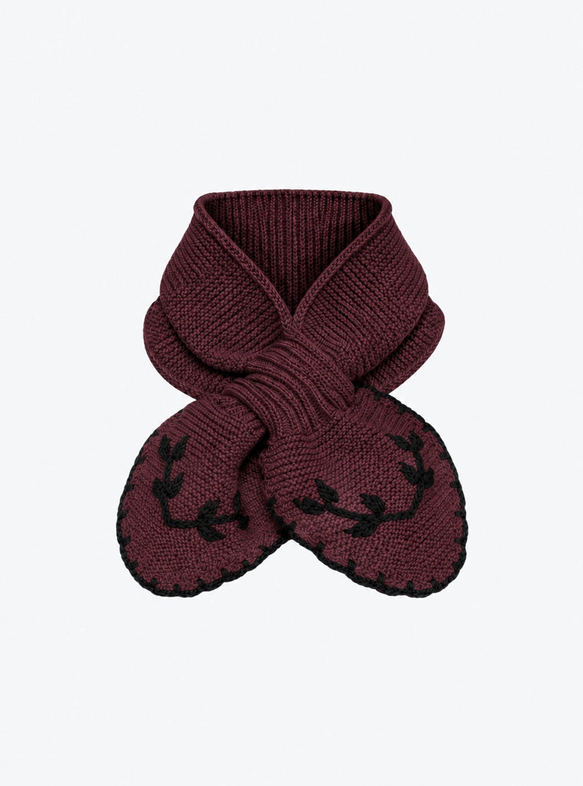 Flat-lay view of the Molli Dolce hand-embroidered mini scarf in amaranth with midnight blue embroidery
