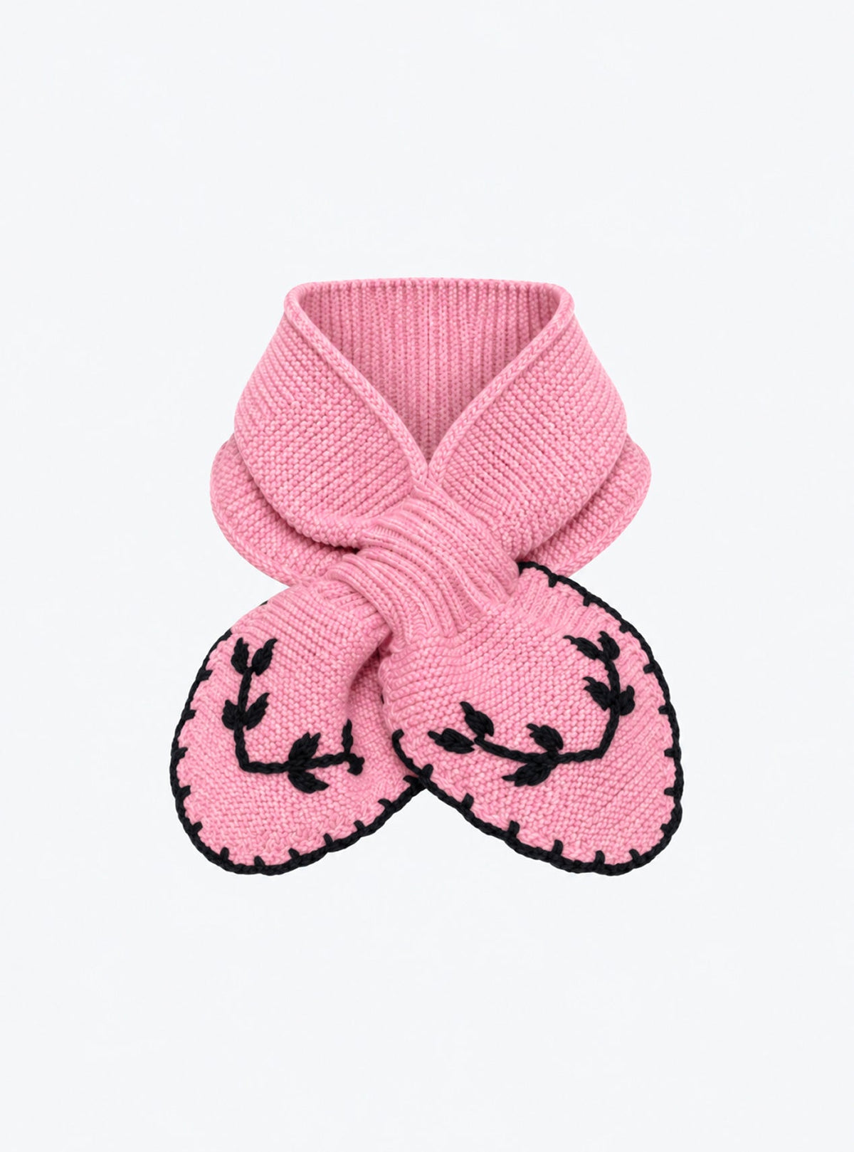 Flat-lay view of the Molli Dolce hand-embroidered mini scarf in malabar pink with midnight blue embroidery