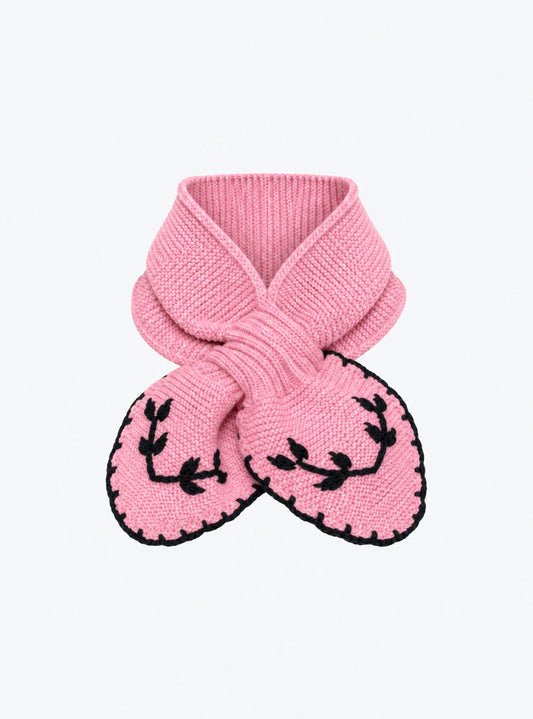 Flat-lay view of the Molli Dolce hand-embroidered mini scarf in malabar pink with midnight blue embroidery