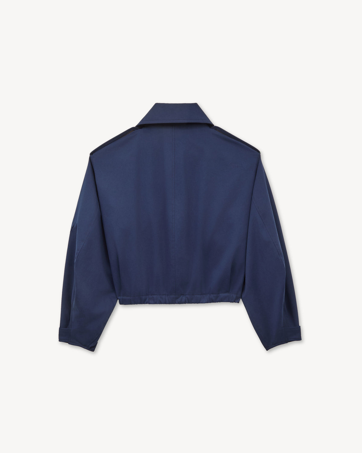 Back view of the Kenzo cropped military bomber in blue black cotton twill with gathered hem