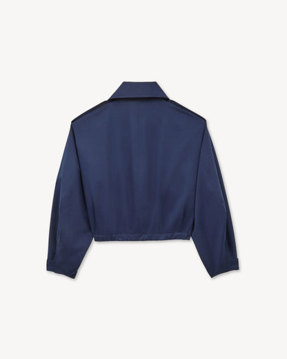 Back view of the Kenzo cropped military bomber in blue black cotton twill with gathered hem