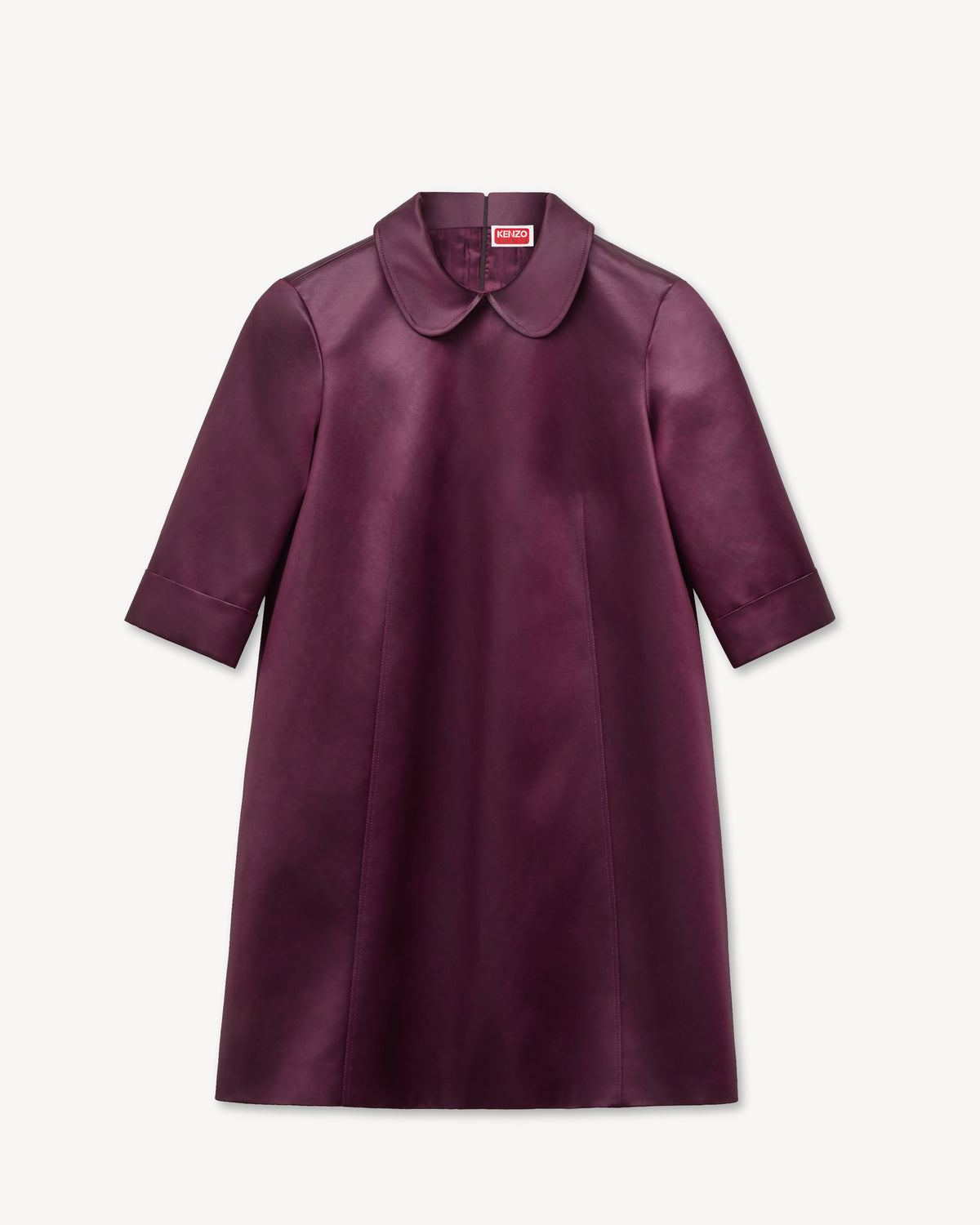 Kenzo short dress in blackberry satin with a rounded Peter Pan collar and three-quarter sleeves, front view
