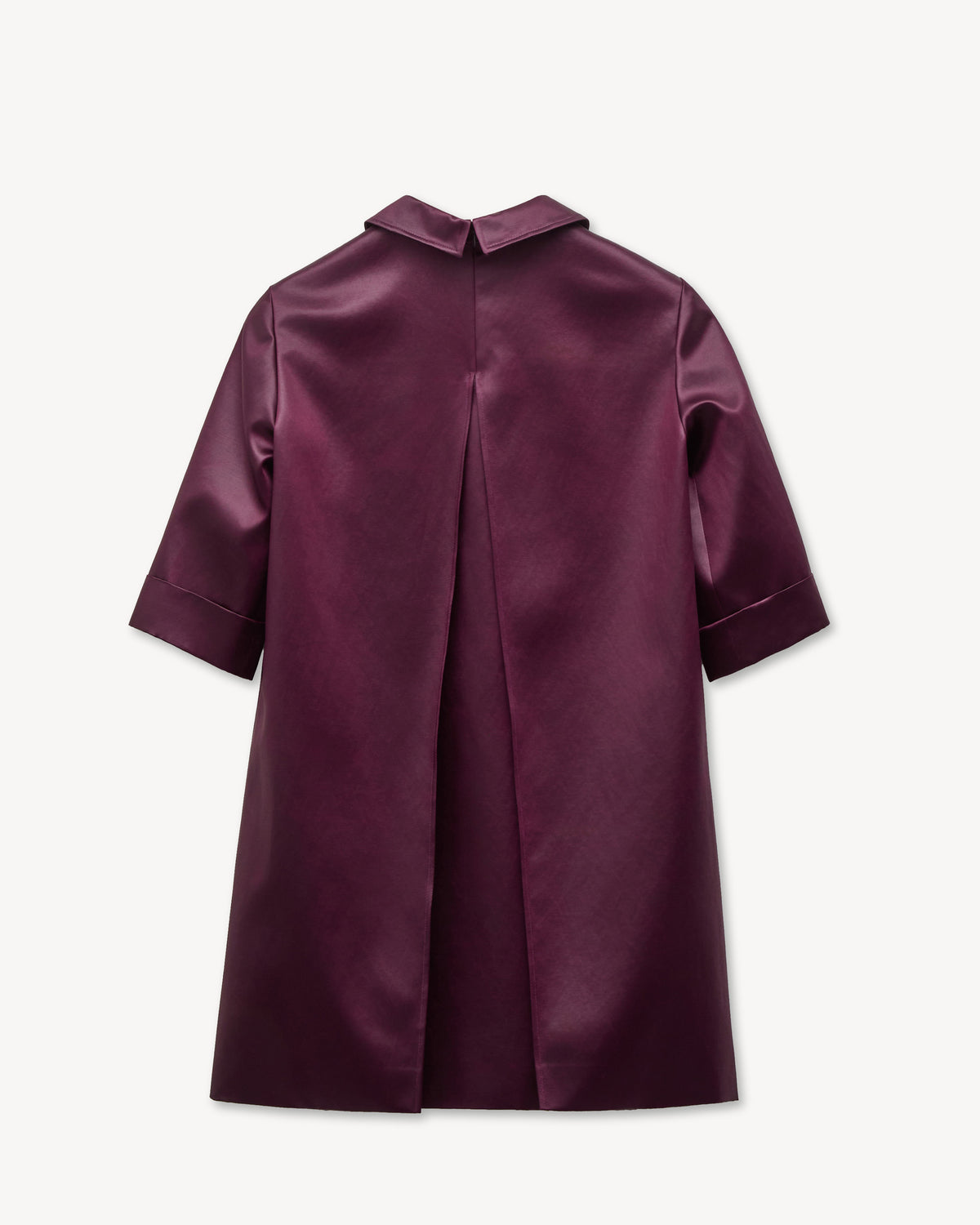 Back view of the Kenzo blackberry satin short dress showing the large back pleat
