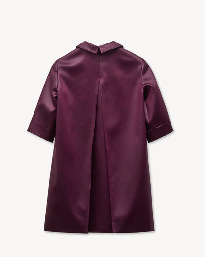Back view of the Kenzo blackberry satin short dress showing the large back pleat