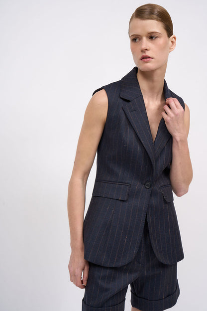 Front view of the Paul & Joe Amy navy striped wool tailored vest