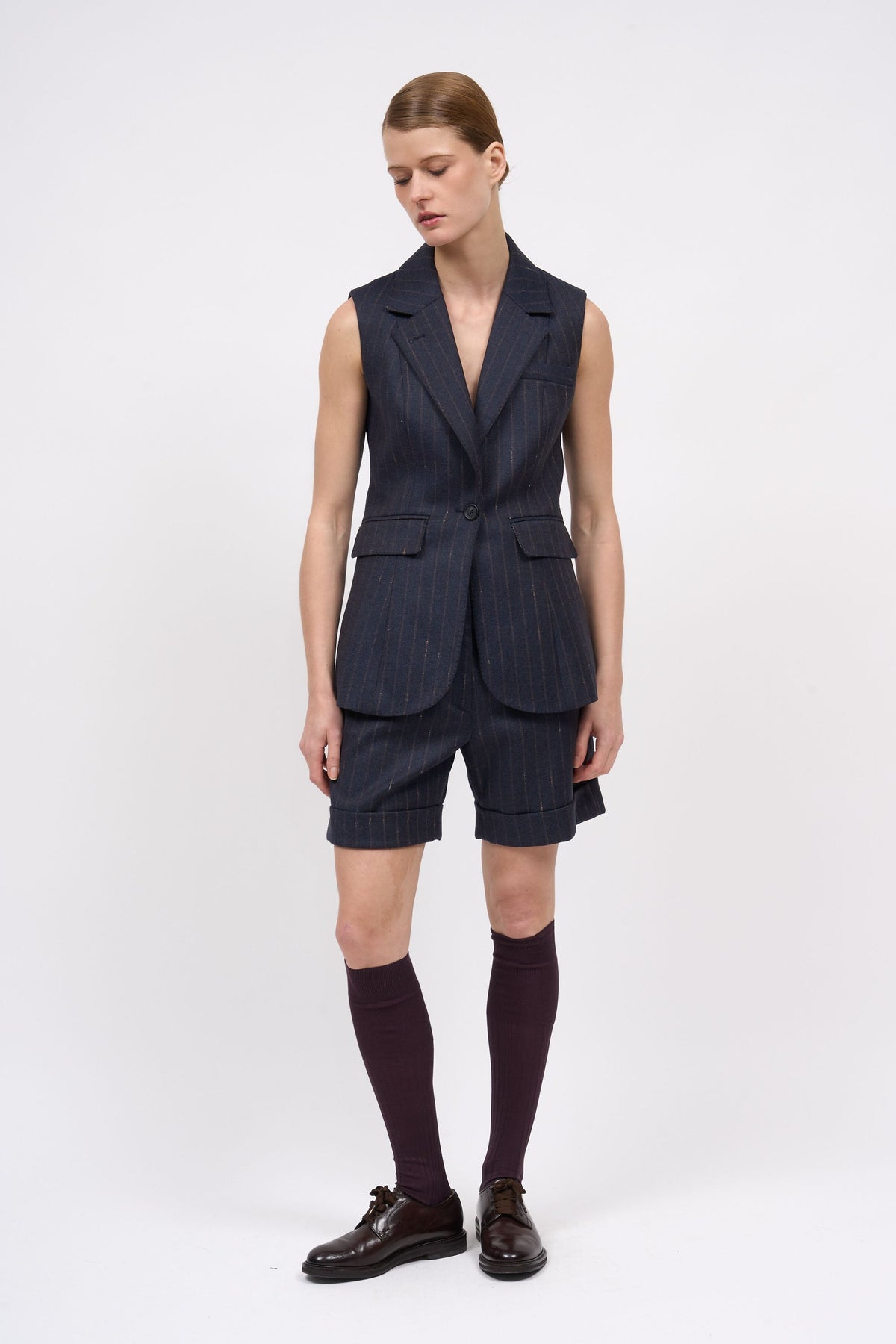 Paul & Joe Anya navy striped shorts styled with the matching Amy vest, full-length view