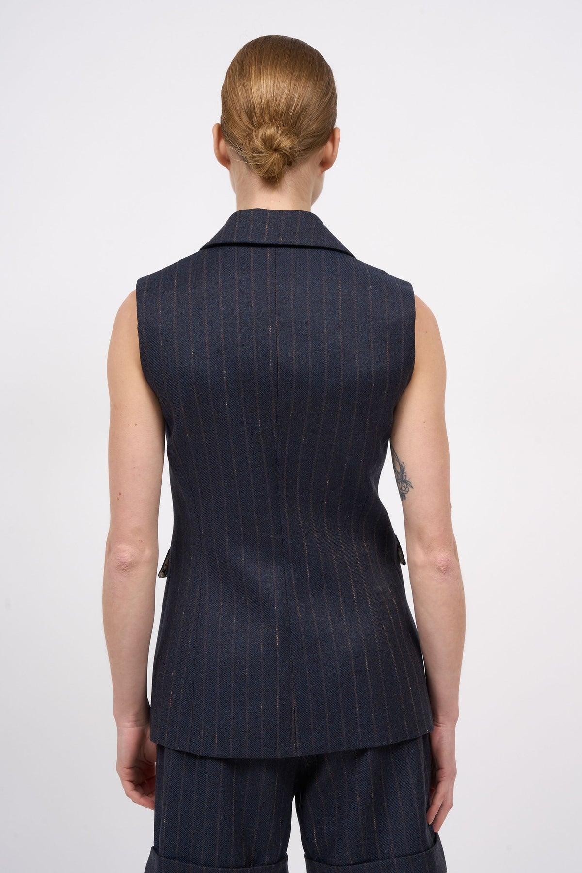 Back view of the Paul & Joe Amy navy striped wool vest