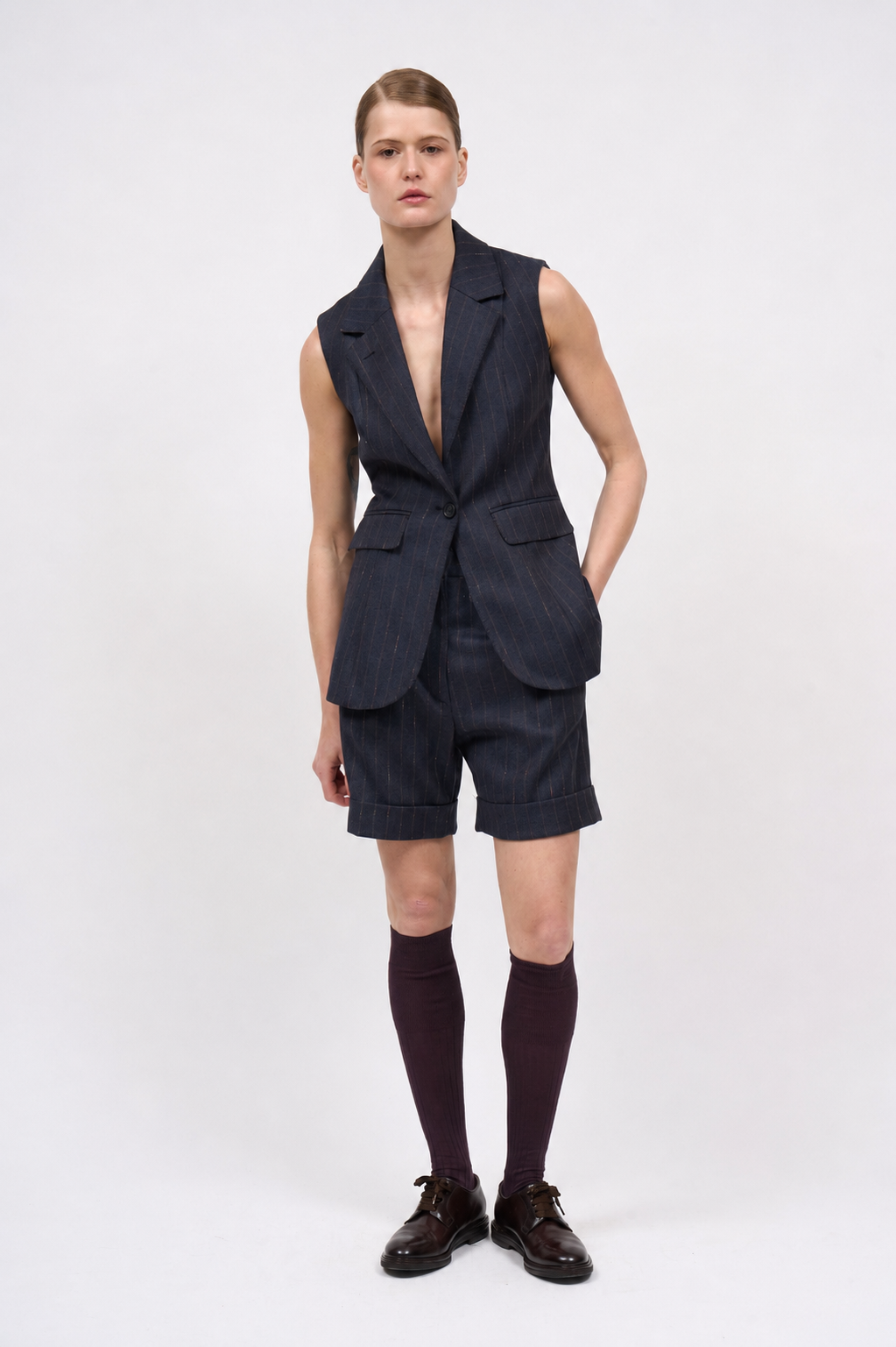 Paul & Joe Amy navy striped vest styled with the matching Anya Bermuda shorts, full-length view