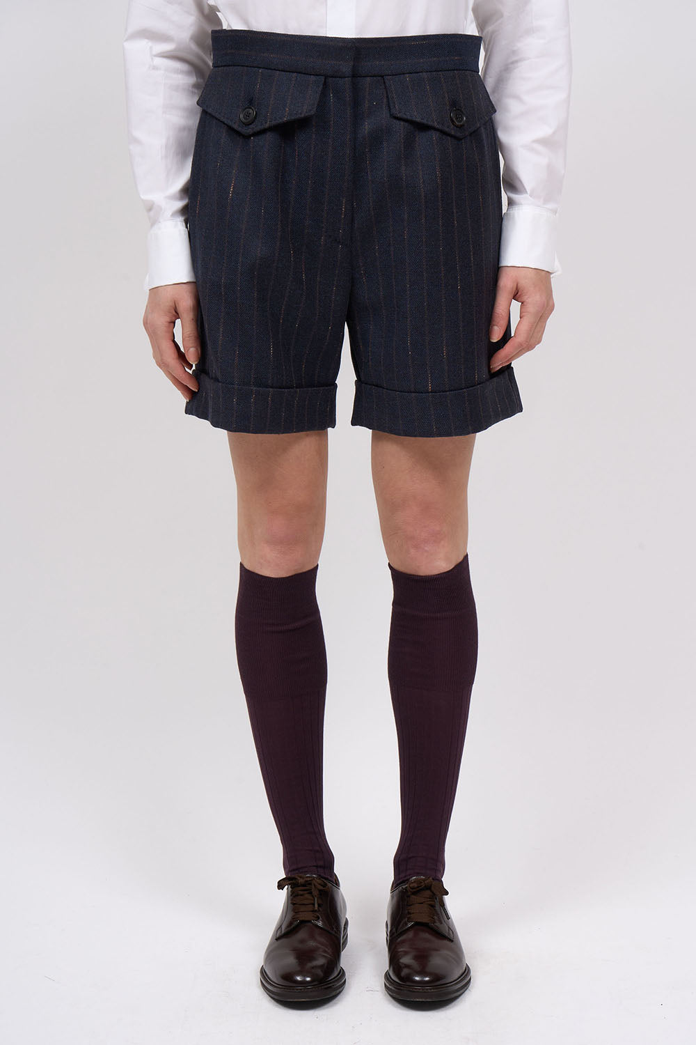 Front view of the Paul & Joe Anya navy striped wool Bermuda shorts