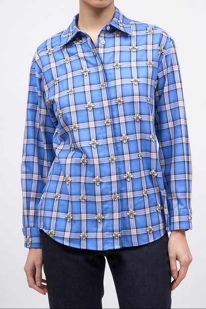 Front view of the Paul & Joe Carat blue checked poplin shirt with hand-embroidered motifs
