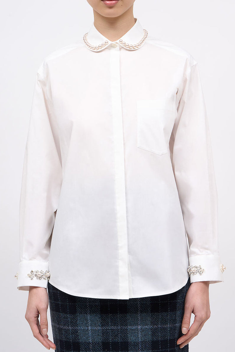 Front view of the Paul & Joe Carla white poplin shirt with a pearl-trimmed collar and rhinestone cuffs