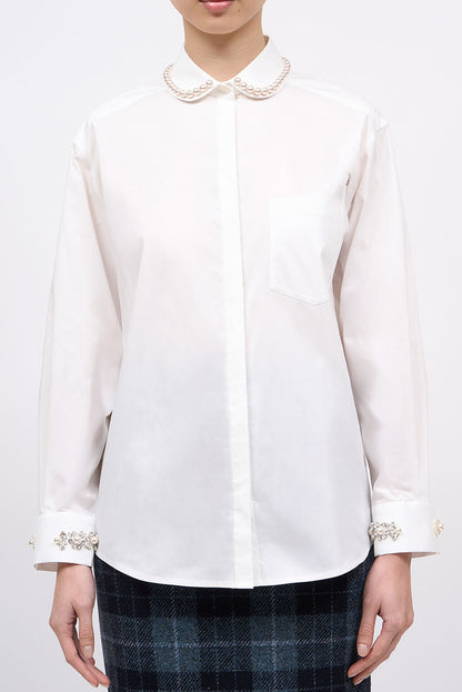 Front view of the Paul & Joe Carla white poplin shirt with a pearl-trimmed collar and rhinestone cuffs