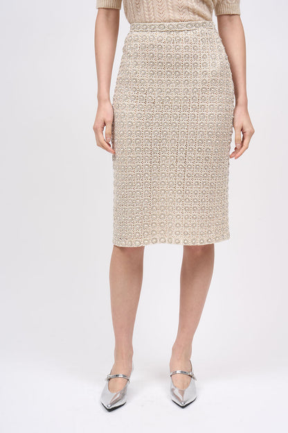 Front view of the Paul & Joe Diamant hand-embroidered ecru guipure lace pencil skirt in midi length