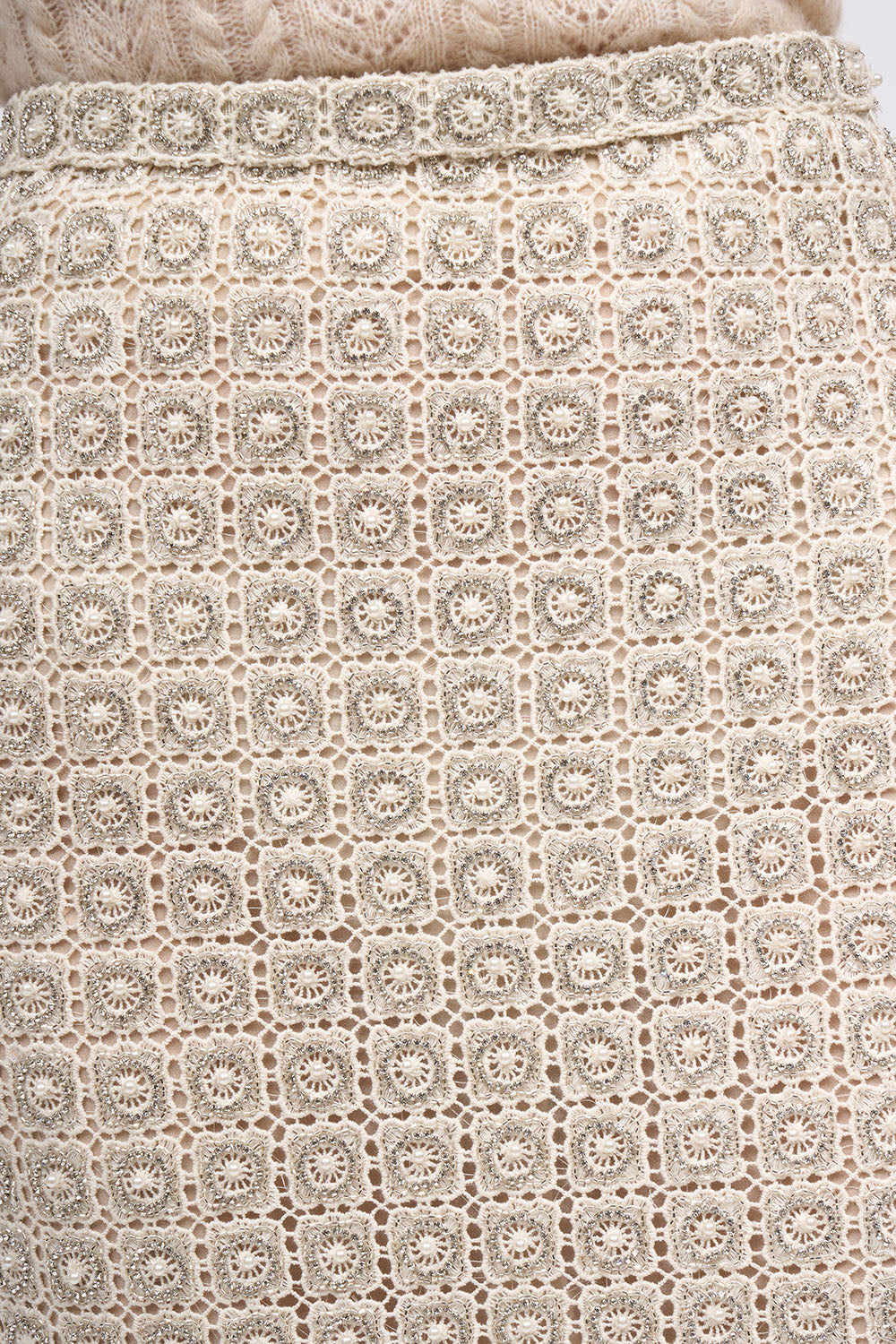 Close-up of the hand-embroidered cotton guipure lace on the Paul & Joe Diamant skirt
