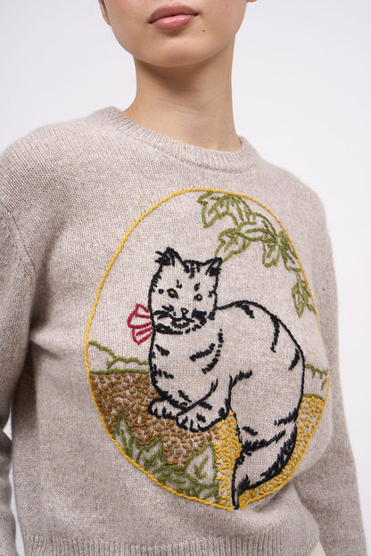 Close-up of the hand-embroidered cat on the Paul & Joe Gattino cashmere sweater