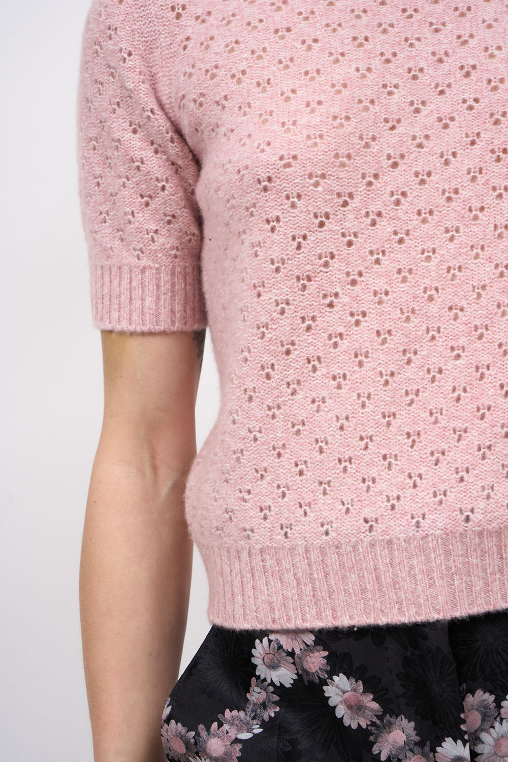 Close-up of the pointelle knit on the Paul & Joe Ginger pink cashmere-silk sweater