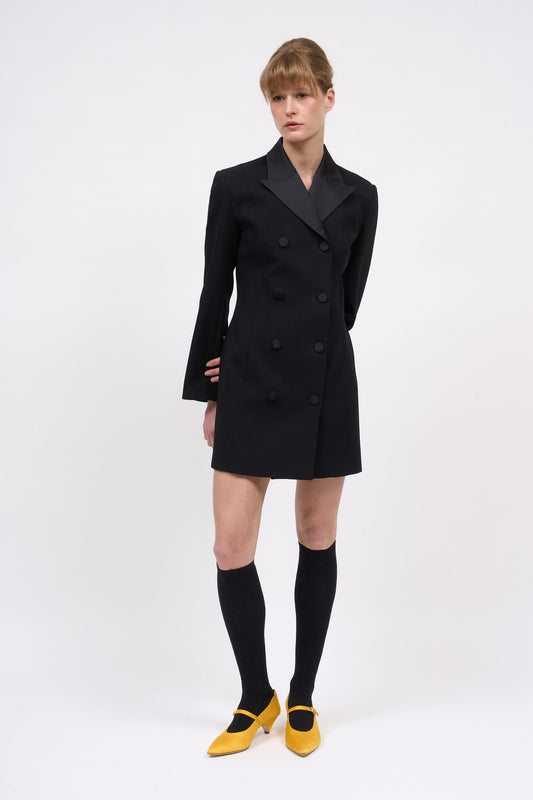 Front view of the Paul & Joe Karmen black double-breasted wool coat dress