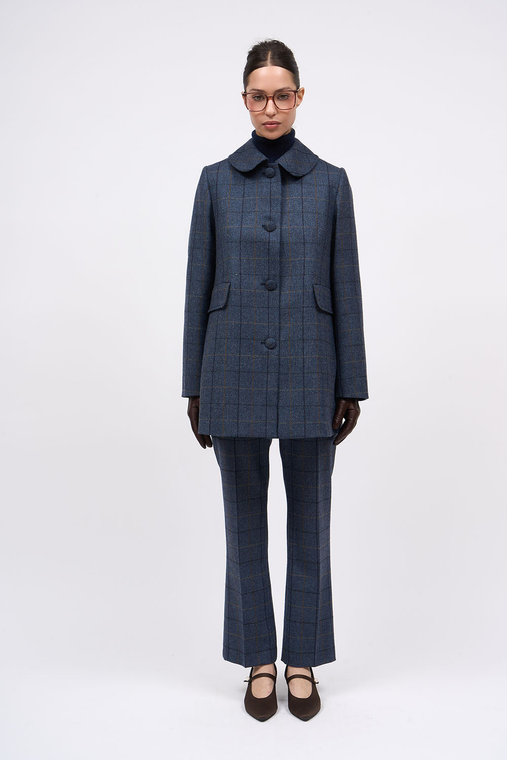 Front view of the Paul & Joe Milton blue plaid wool three-quarter jacket