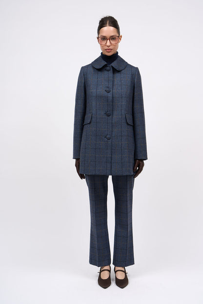 Front view of the Paul & Joe Milton blue plaid wool three-quarter jacket