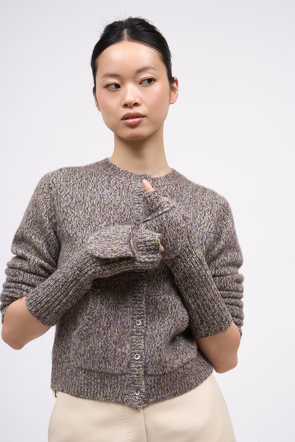 Paul & Joe Myraine violet chiné cashmere-blend mittens, worn with a grey cardigan
