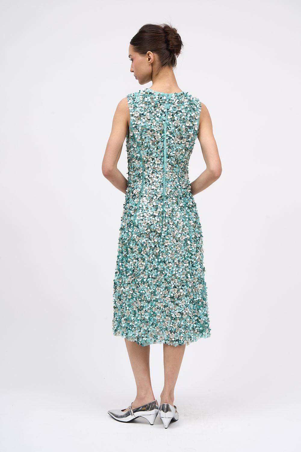 Back view of the Paul & Joe Ondyne hand-embroidered dress in opal green