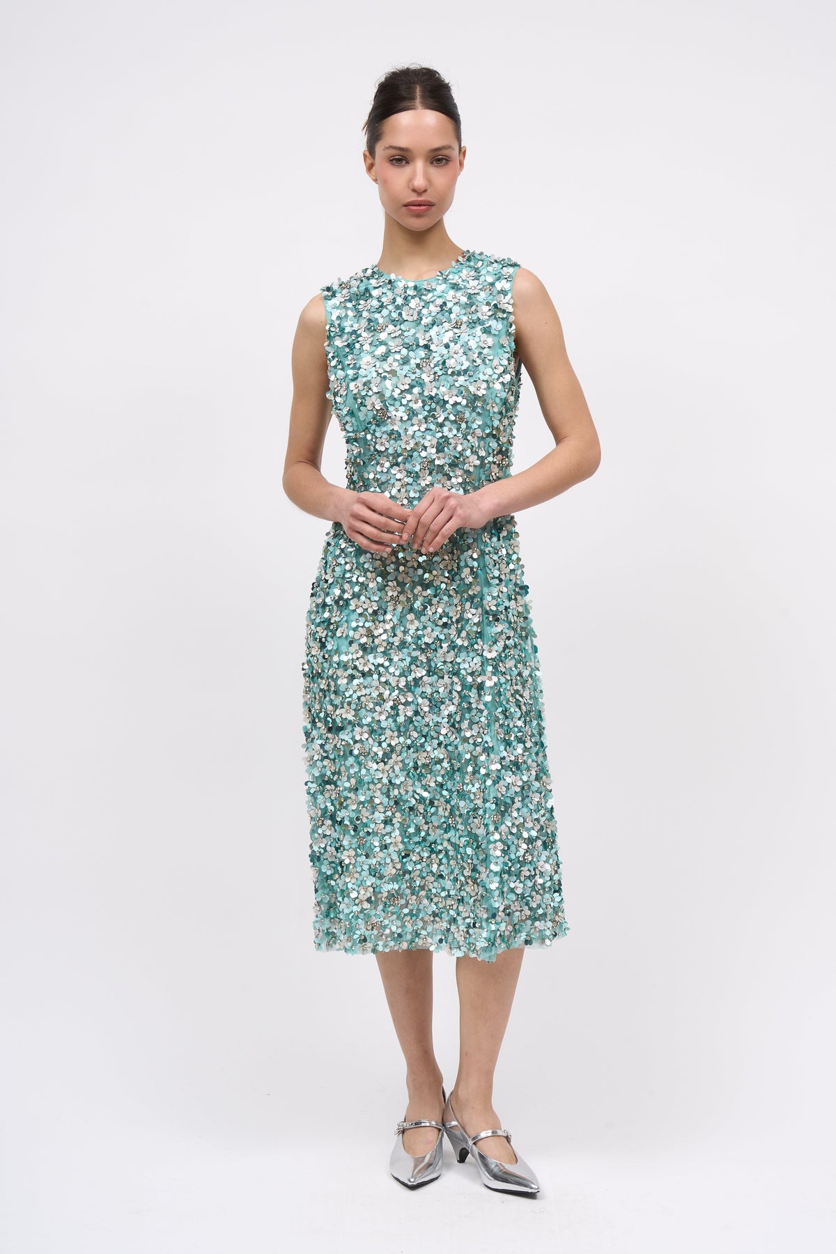 Front view of the Paul & Joe Ondyne hand-embroidered sleeveless dress in opal green