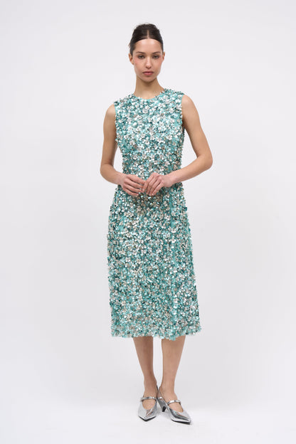 Front view of the Paul & Joe Ondyne hand-embroidered sleeveless dress in opal green