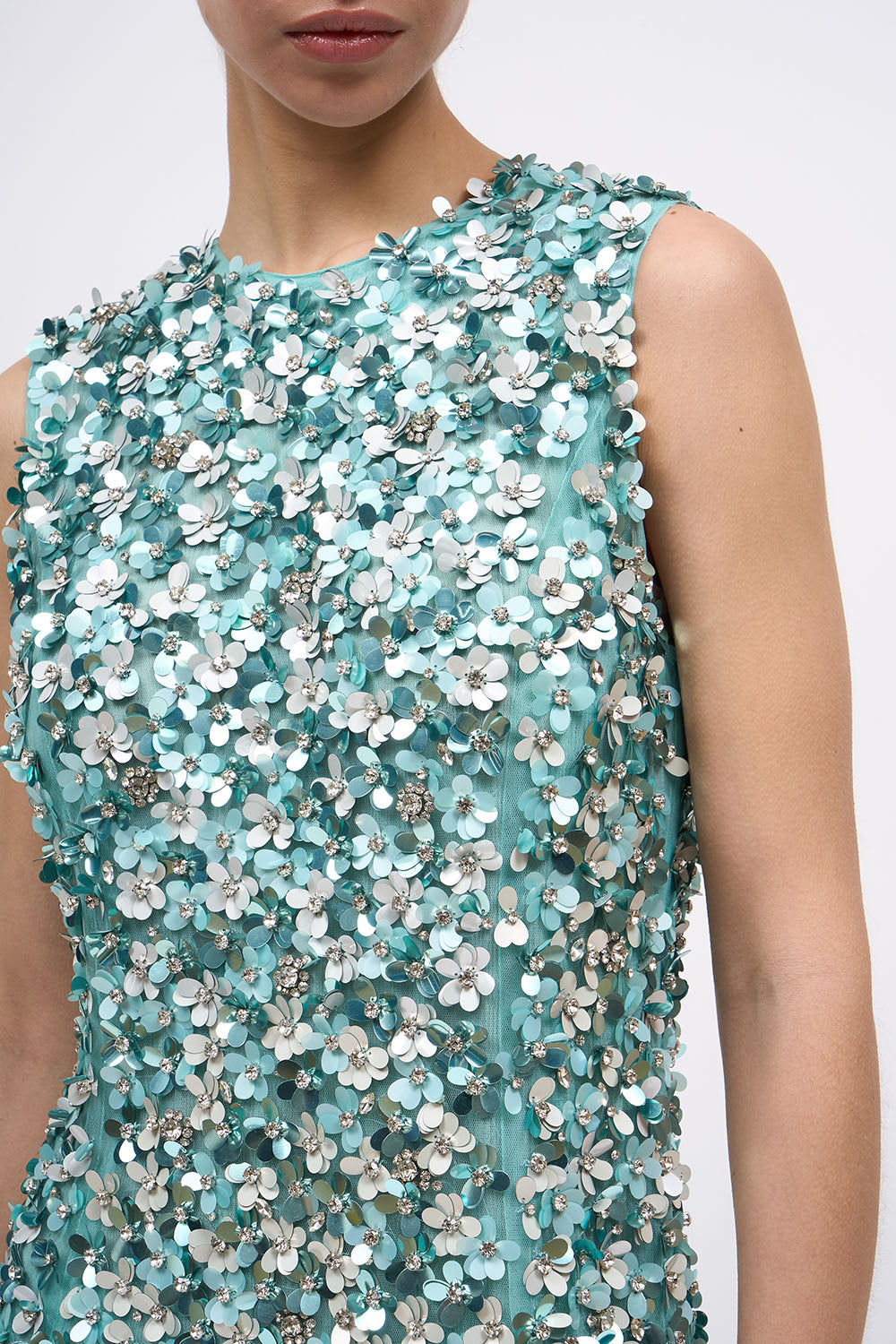 Close-up of the hand-embroidered bodice of the Paul & Joe Ondyne sleeveless dress