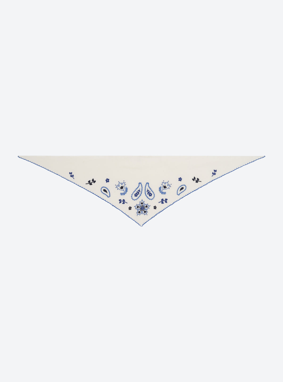 Flat-lay view of the Molli Fantastique natural knit bandana with multicolor and blue embroidery